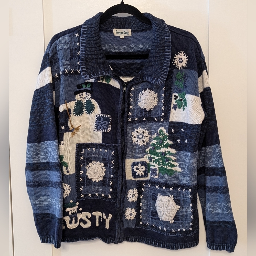 Cottage Cove Frosty Winter Wonderland Knit Patchwork Sweater Size Large
